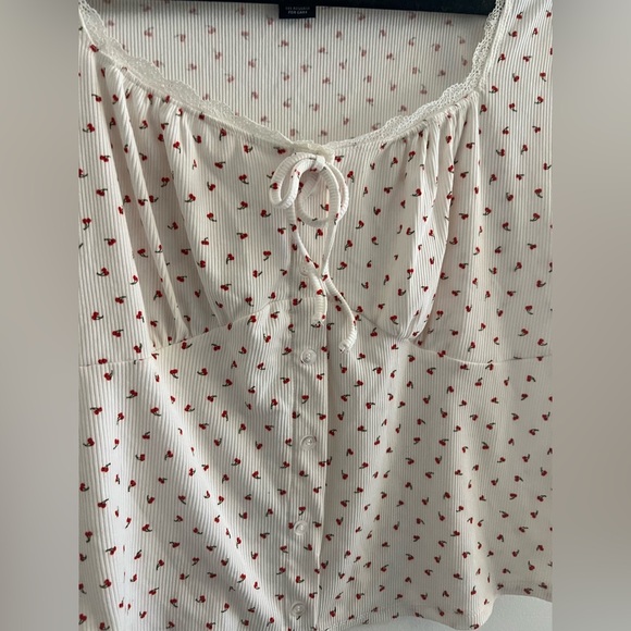 Just Polly NY Cherry Print Ribbed Lace Trim Tie Front Top XL - Picture 2 of 4